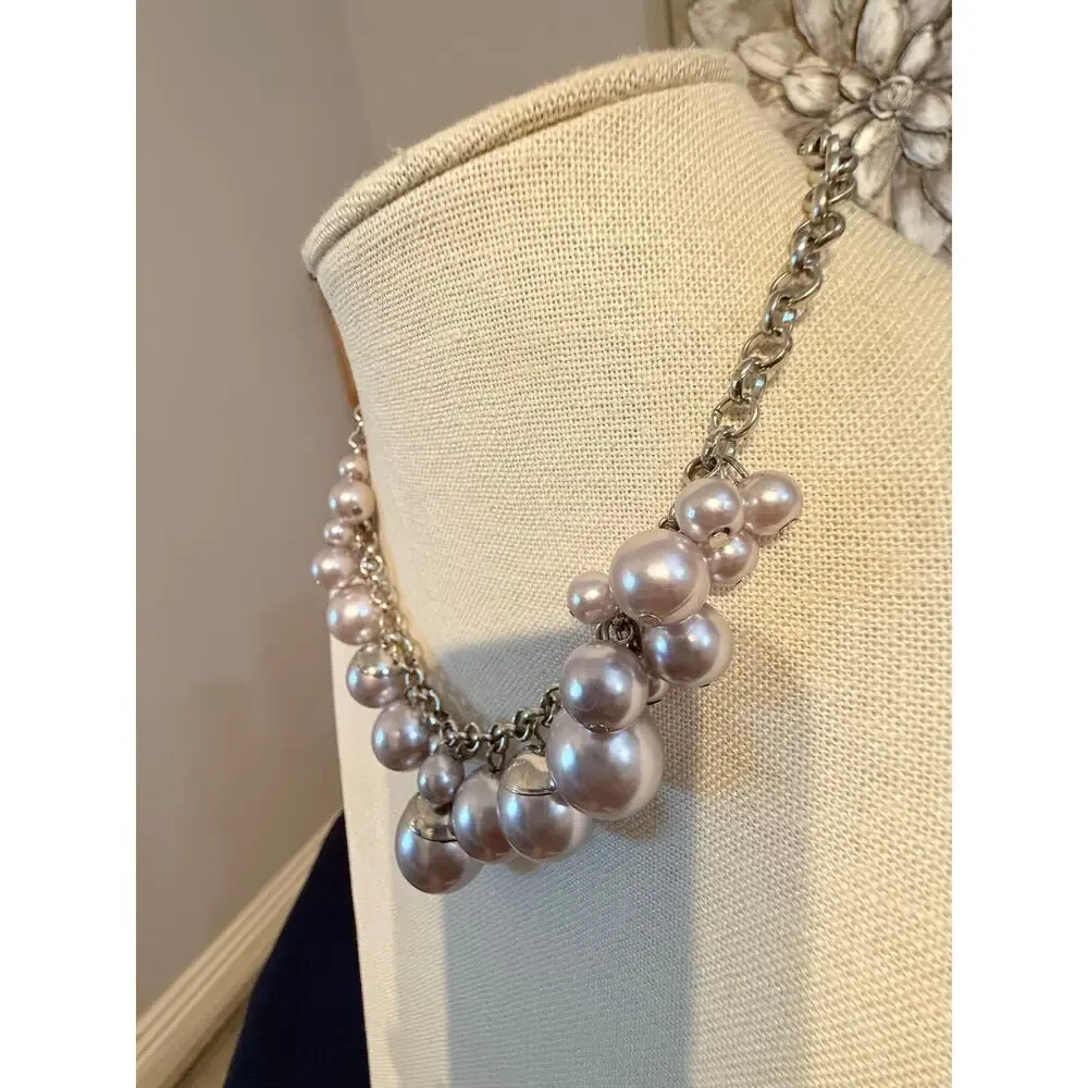Vintage Silver Tone Faux Pearl Charm Statement Necklace
